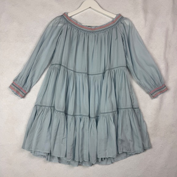Free People Blue Embroidered Smocked Off Shoulder Tiered Dress Size‎ Small - Picture 2 of 11